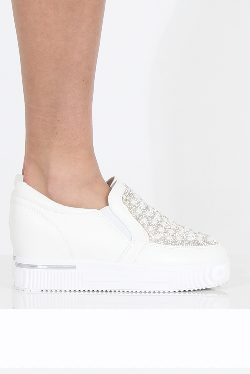 White Sparkle Wedged Skaters - Dara-Shoes