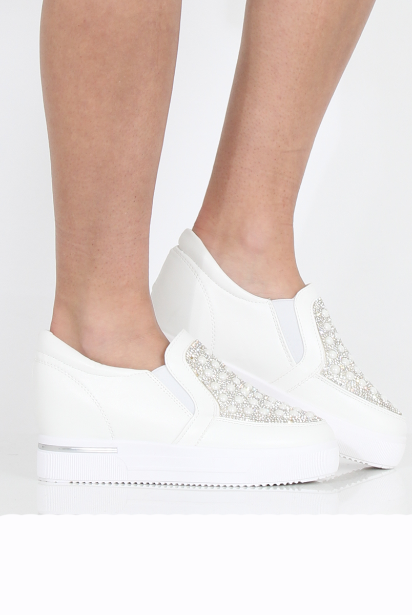 White Sparkle Wedged Skaters - Dara-Shoes