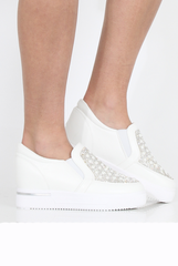 White Sparkle Wedged Skaters - Dara-Shoes