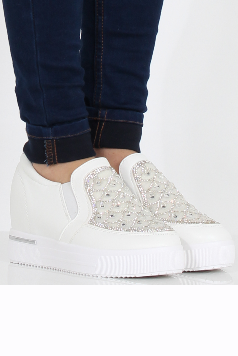 White Sparkle Wedged Skaters - Dora-Shoes