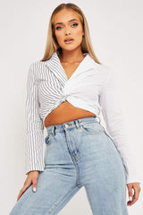 White Splice Stripe Wrap Shirt - Brenna-Shirts