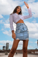 White Splice Stripe Wrap Shirt - Brenna-Shirts