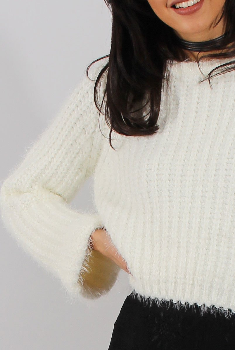 White Split Back Cropped Fluffy Jumper - Laura-Jumper