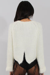 White Split Back Cropped Fluffy Jumper - Laura-Jumper
