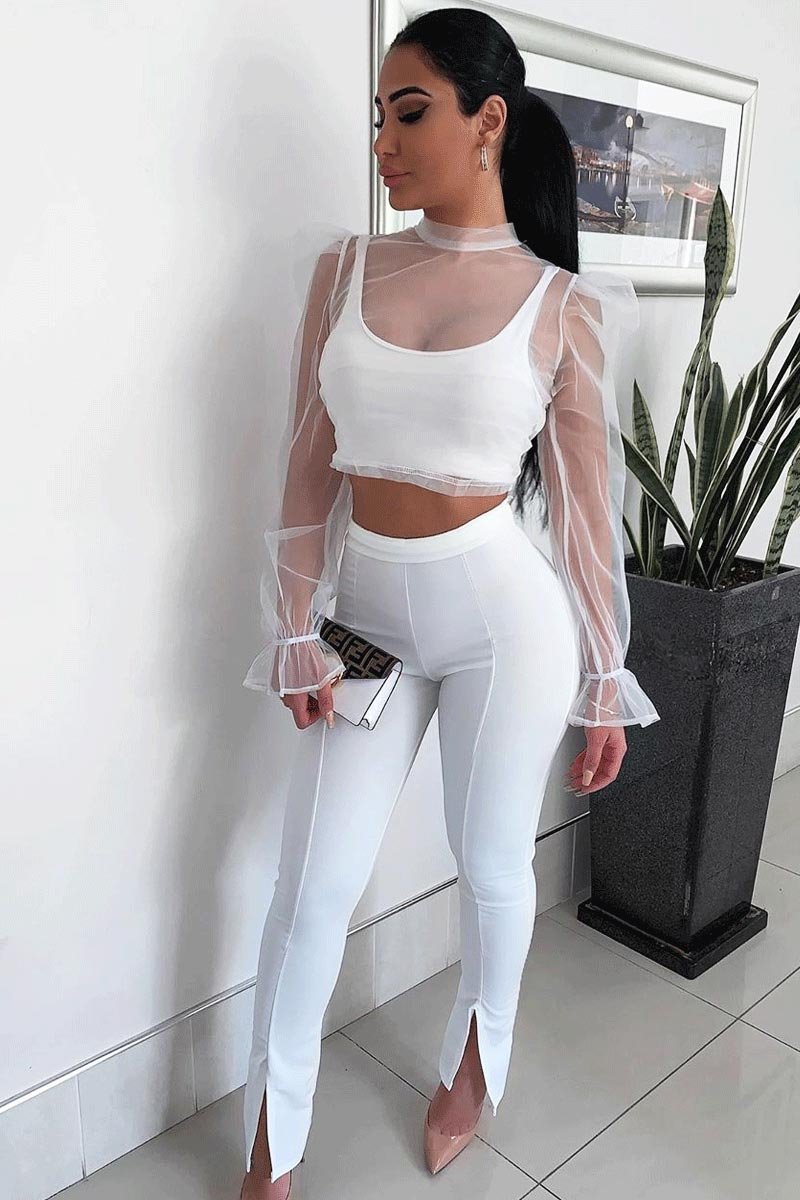 White Split Front Flared Trousers - Florie-Trousers