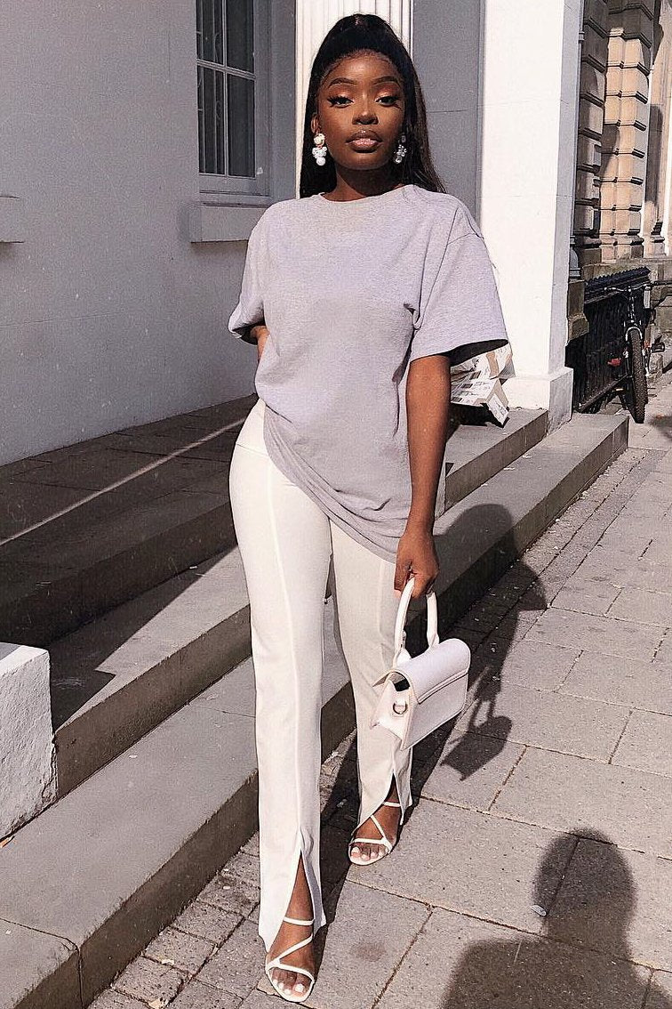 White Split Front Flared Trousers - Florie-Trousers