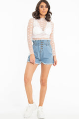 White Star Mesh High Neck Long Sleeve Top - Shine-Tops