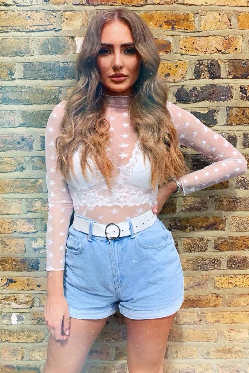 White Star Mesh High Neck Long Sleeve Top - Shine-Tops