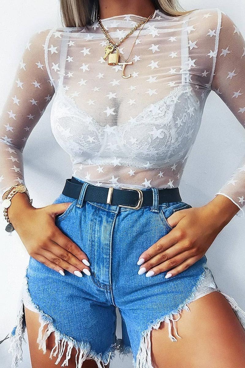 White Star Mesh High Neck Long Sleeve Top - Shine-Tops