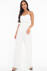 White Strapless Belted Pleated Wide Leg Jumpsuit - Jasmine-Jumpsuits