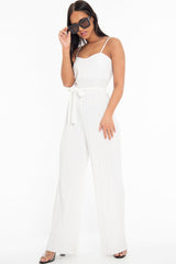 White Strapless Belted Pleated Wide Leg Jumpsuit - Jasmine-Jumpsuits