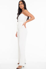 White Strapless Belted Pleated Wide Leg Jumpsuit - Jasmine-Jumpsuits
