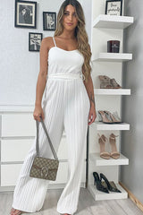 White Strapless Belted Pleated Wide Leg Jumpsuit - Jasmine-Jumpsuits