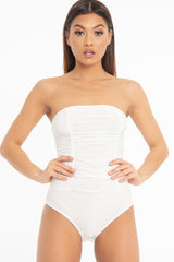 White Strapless Ruched Side Bodysuit - Jaci-Bodysuits