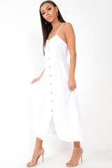 White Strappy Button Down Midi Dress - Shaelee-Dresses