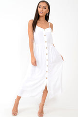 White Strappy Button Down Midi Dress - Shaelee-Dresses