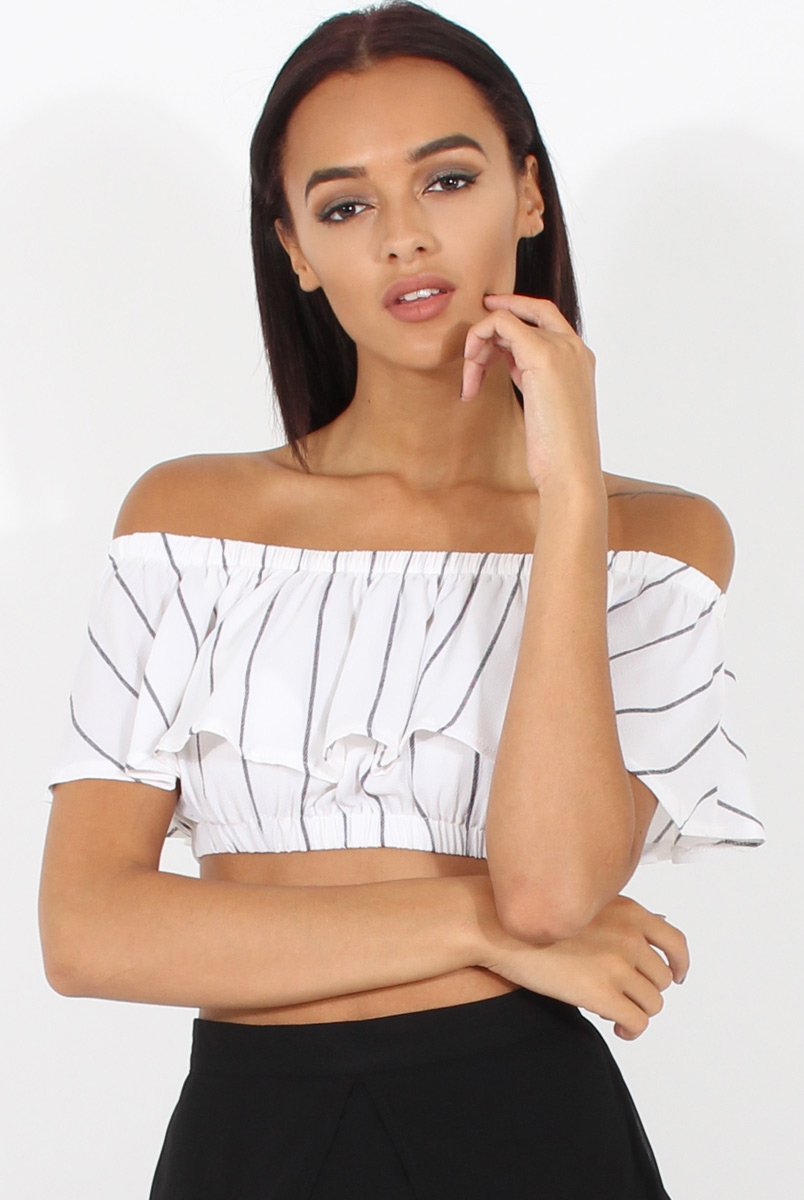 White Stripe Bardot Crop Top - Ciara-Crop Tops