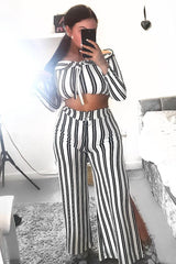 White Stripe Bardot Ruffle Top and Trouser Set - Inas-Co-ords