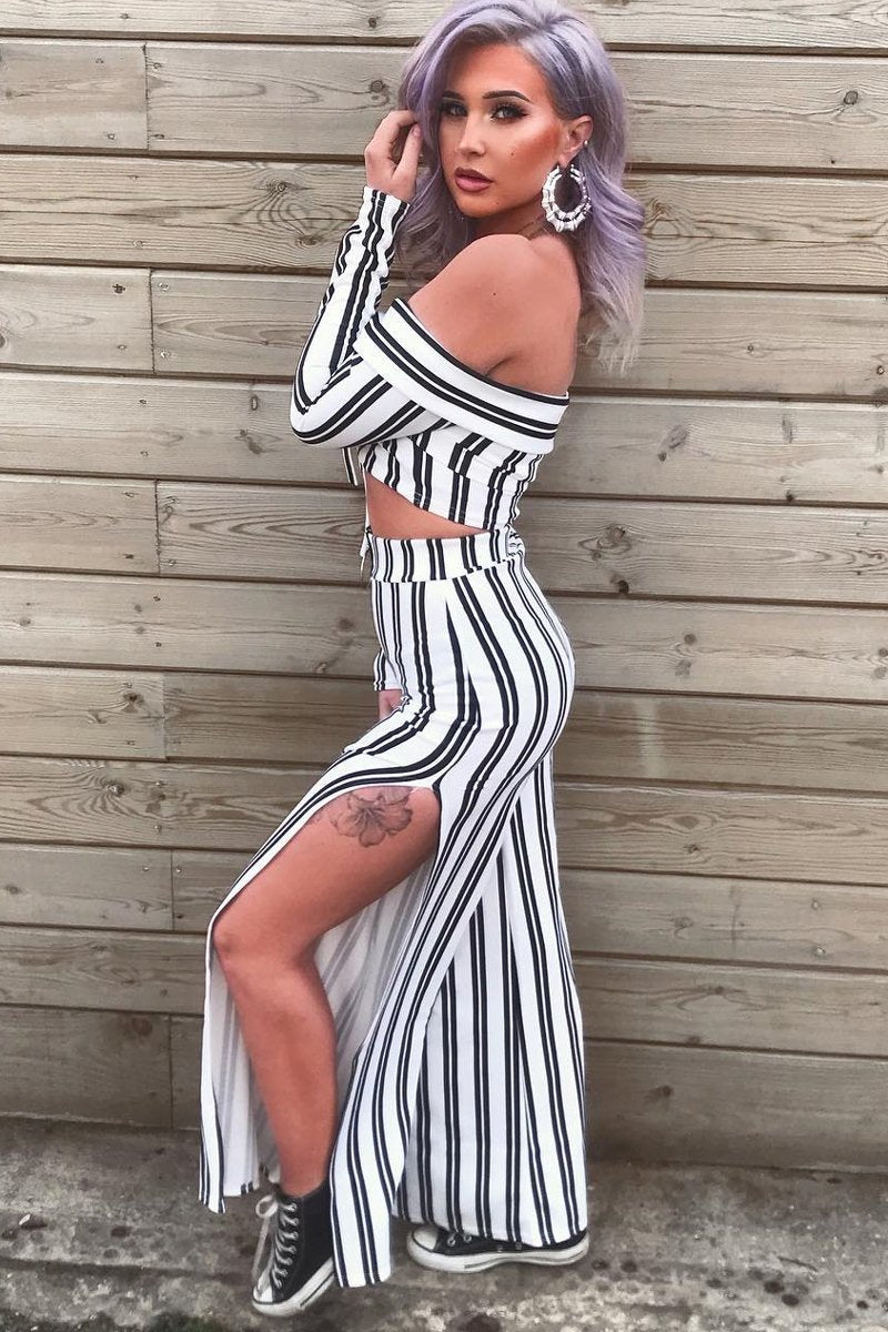 White Stripe Bardot Ruffle Top and Trouser Set - Inas-Co-ords