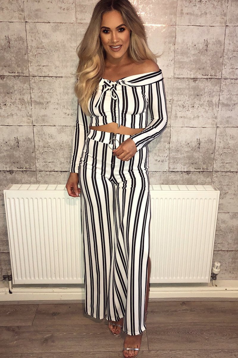 White Stripe Bardot Ruffle Top and Trouser Set - Inas-Co-ords