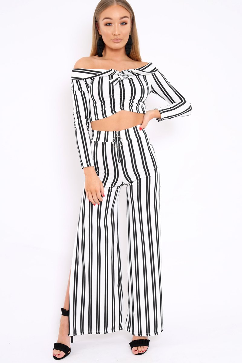 White Stripe Bardot Ruffle Top and Trouser Set - Inas-Co-ords