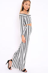 White Stripe Bardot Ruffle Top and Trouser Set - Inas-Co-ords