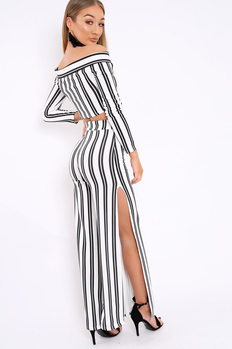 White Stripe Bardot Ruffle Top and Trouser Set - Inas-Co-ords
