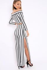 White Stripe Bardot Ruffle Top and Trouser Set - Inas-Co-ords