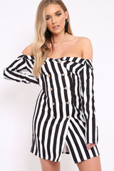 White Stripe Button Detail Blazer Dress - Aaliyana-Dresses