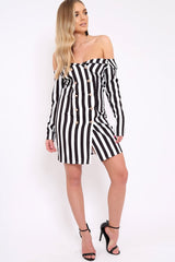 White Stripe Button Detail Blazer Dress - Aaliyana-Dresses