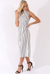 White Stripe High Neck Culotte Jumpsuit - Jordana-Jumpsuits