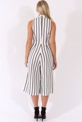 White Stripe High Neck Culotte Jumpsuit - Jordana-Jumpsuits