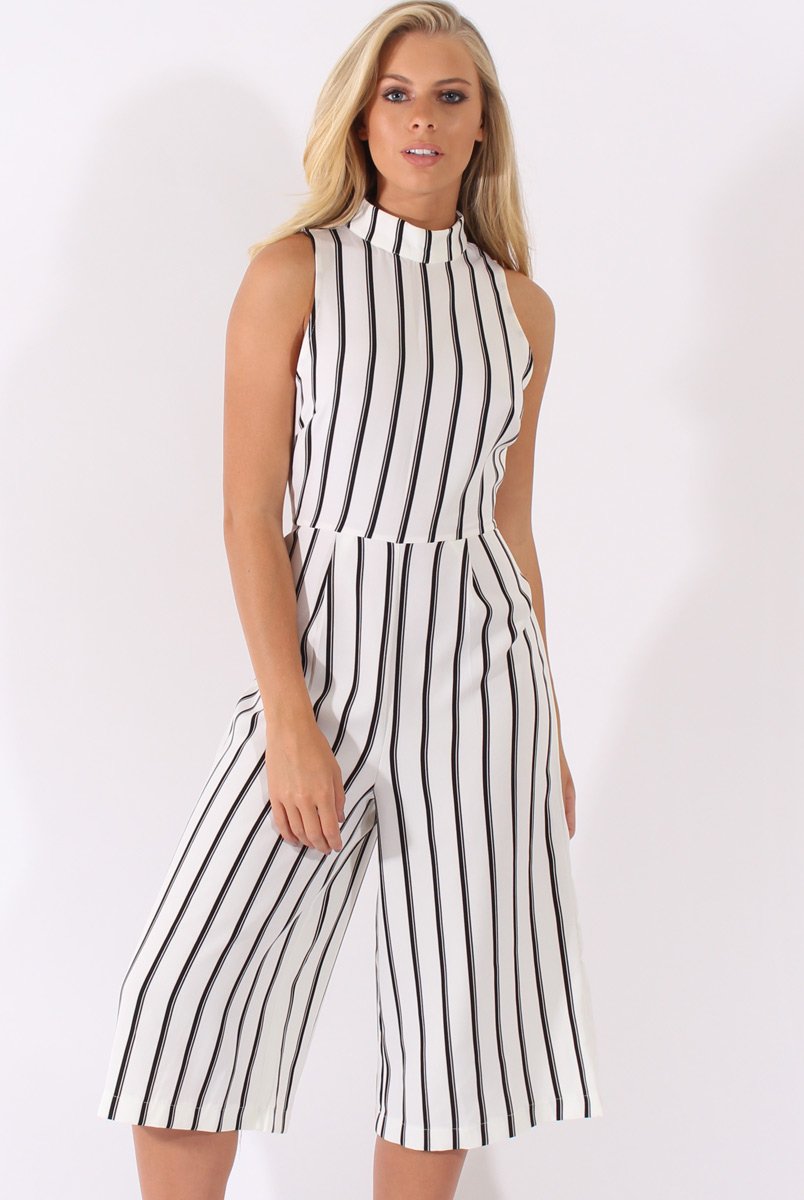 White Stripe High Neck Culotte Jumpsuit - Jordana-Jumpsuits