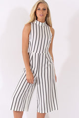 White Stripe High Neck Culotte Jumpsuit - Jordana-Jumpsuits