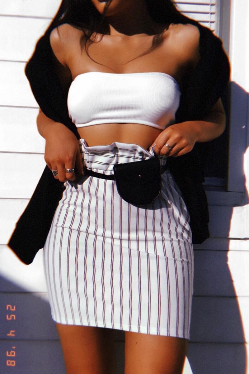 White Stripe Paper Bag Skirt - Tabbie-Skirts