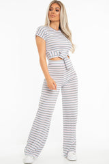 White Stripe Rib Tie Front Top Wide Leg Trouser Co-Ord - Lottie-Co-ords