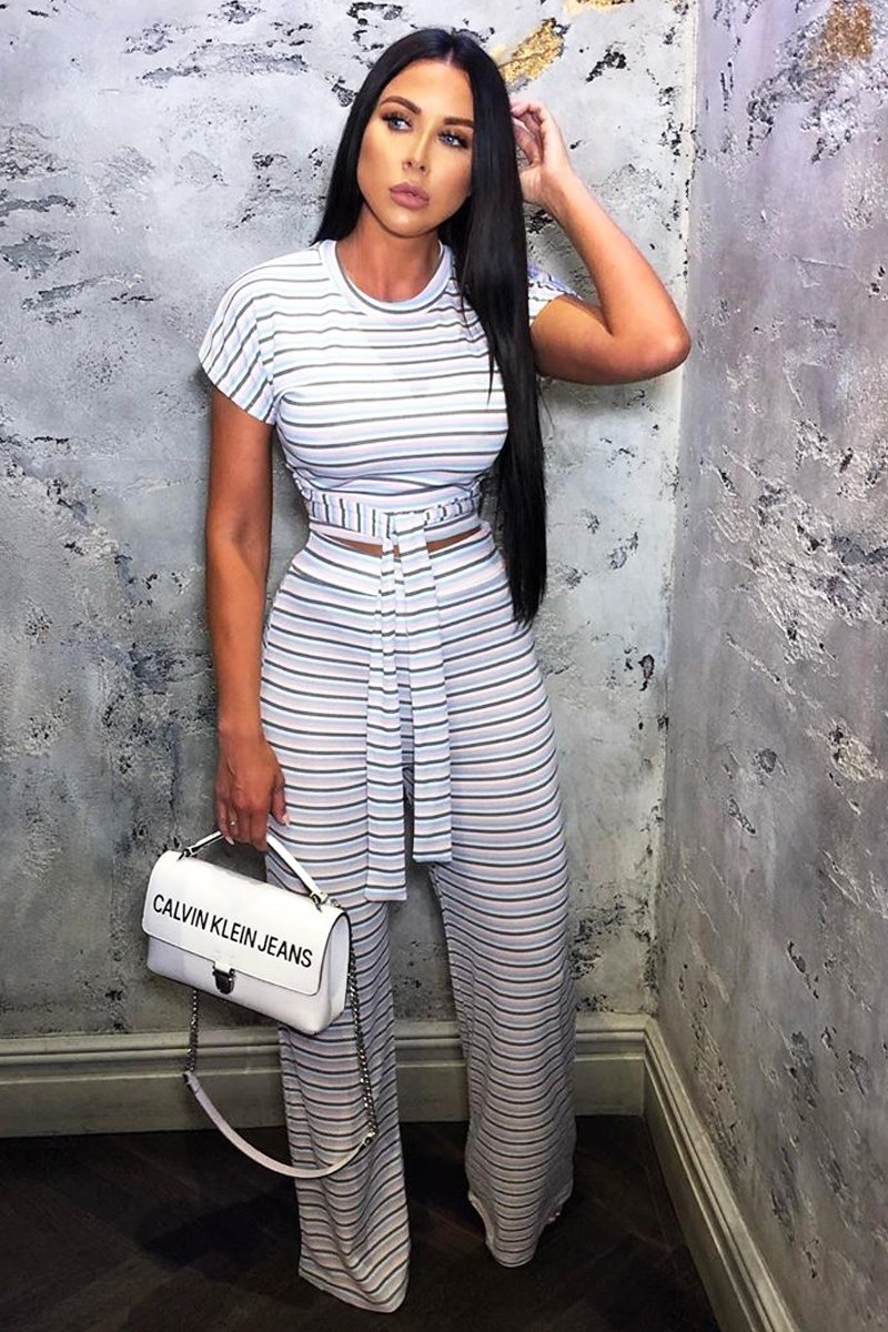 White Stripe Rib Tie Front Top Wide Leg Trouser Co-Ord - Lottie-Co-ords