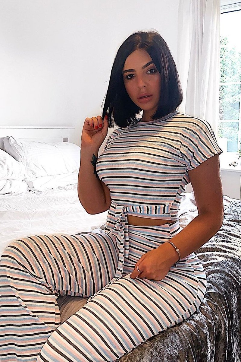 White Stripe Rib Tie Front Top Wide Leg Trouser Co-Ord - Lottie-Co-ords