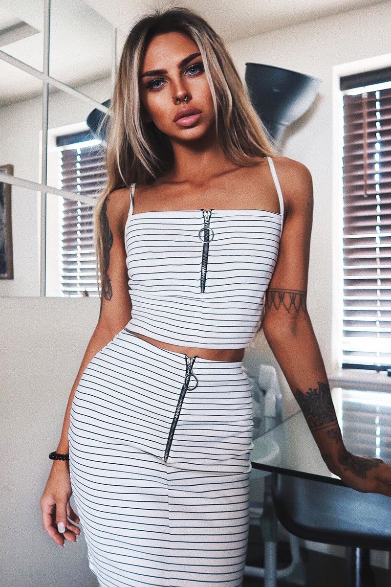 White Stripe Ring Zip Front Mini Skirt And Bralet - Rosi-Co-ords