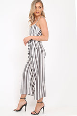 White Stripe Tie Waist Jumpsuit - Jakai-Jumpsuits