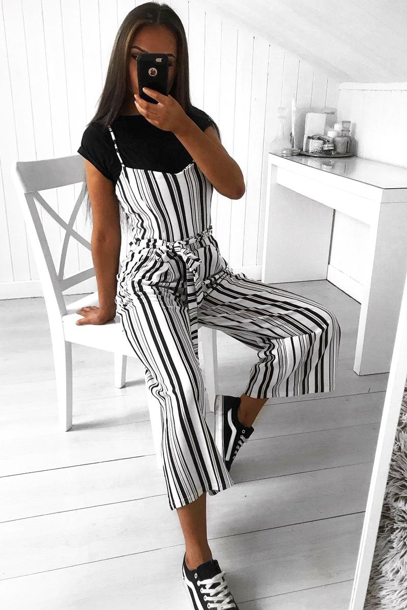 White Stripe Tie Waist Jumpsuit - Jakai-Jumpsuits