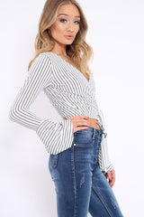 White Stripe Wrap Over Tie Front Flare Sleeves Crop Top - Rabab-Tops
