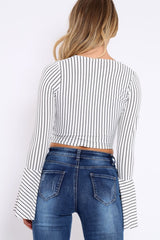 White Stripe Wrap Over Tie Front Flare Sleeves Crop Top - Rabab-Tops