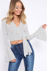 White Stripe Wrap Over Tie Front Flare Sleeves Crop Top - Rabab-Tops