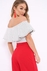 White Striped Bardot Frill Bodysuit - Emmie-Bodysuits