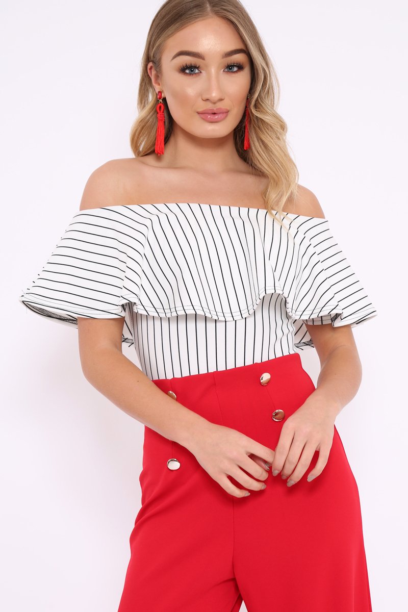White Striped Bardot Frill Bodysuit - Emmie-Bodysuits
