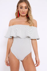 White Striped Bardot Frill Bodysuit - Emmie-Bodysuits