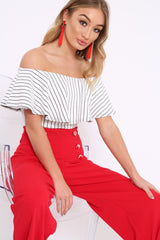 White Striped Bardot Frill Bodysuit - Emmie-Bodysuits