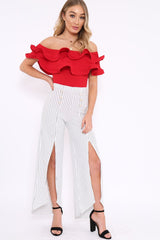 White Striped High Waist Split Front Flare Trousers - Reana-Trousers