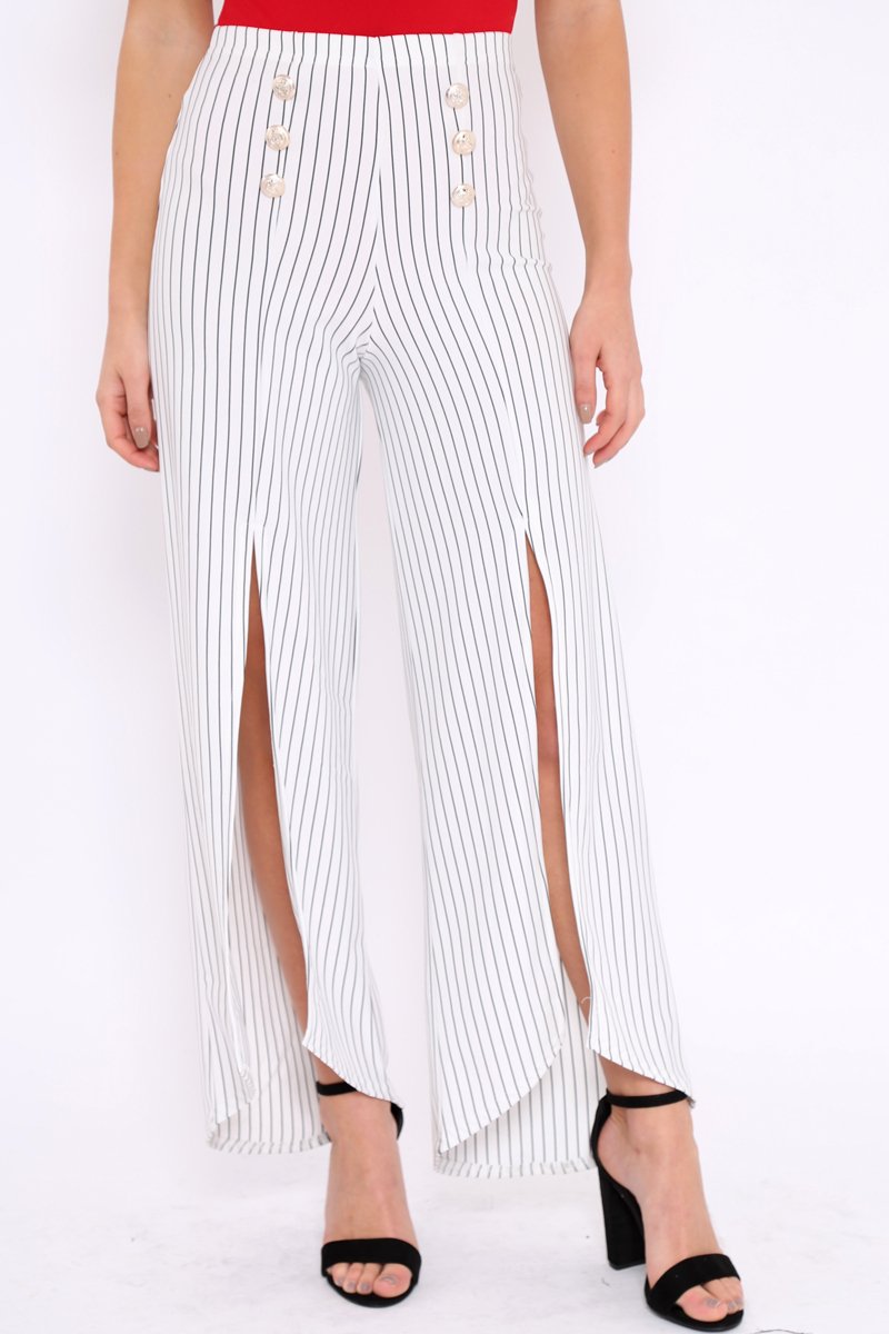 White Striped High Waist Split Front Flare Trousers - Reana-Trousers
